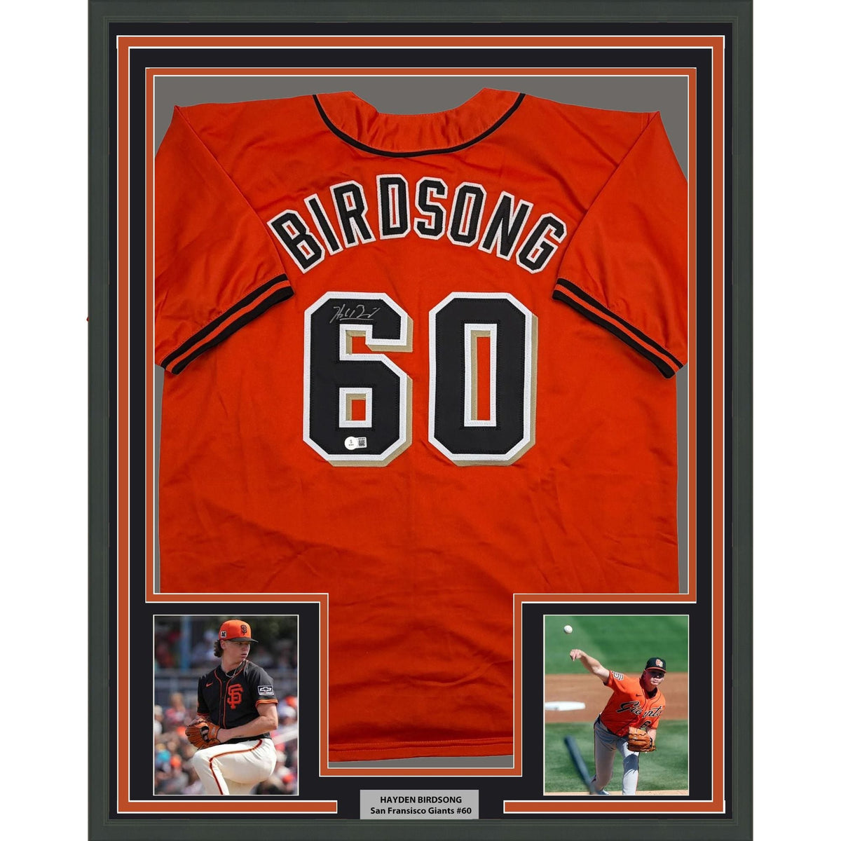 Framed Autographed/Signed Hayden Birdsong 35x39 San Francisco Orange Baseball Jersey Beckett BAS COA