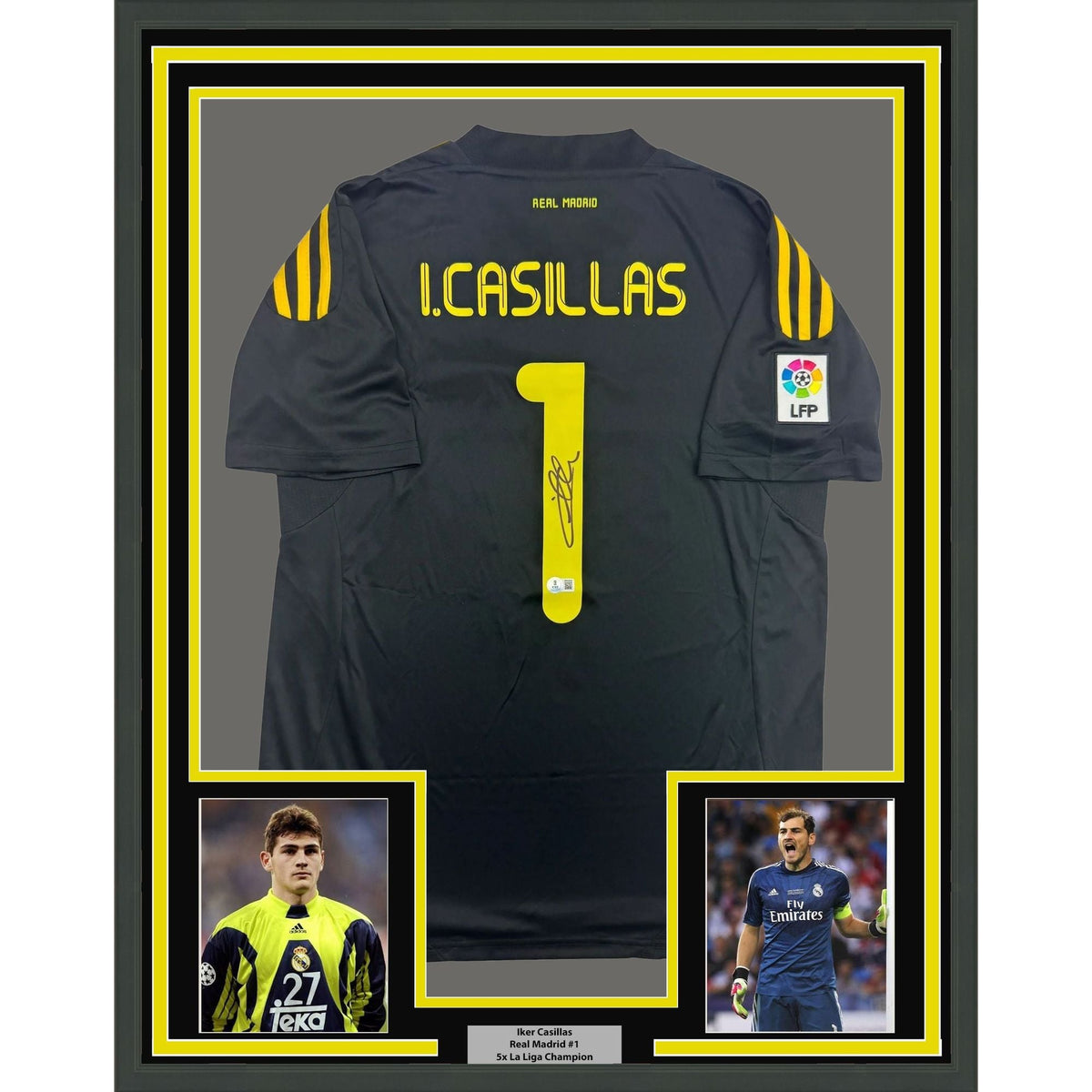 Framed Autographed/Signed Iker Casillas 35x39 Real Madrid Black Soccer Futbol Jersey Beckett BAS COA