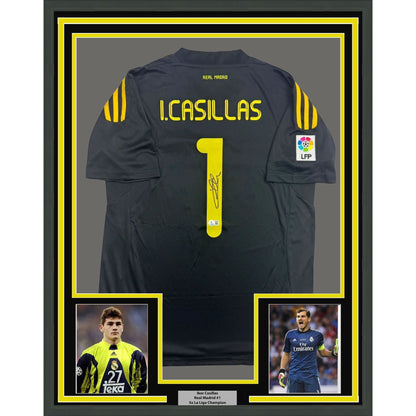 Framed Autographed/Signed Iker Casillas 35x39 Real Madrid Black Soccer Futbol Jersey Beckett BAS COA