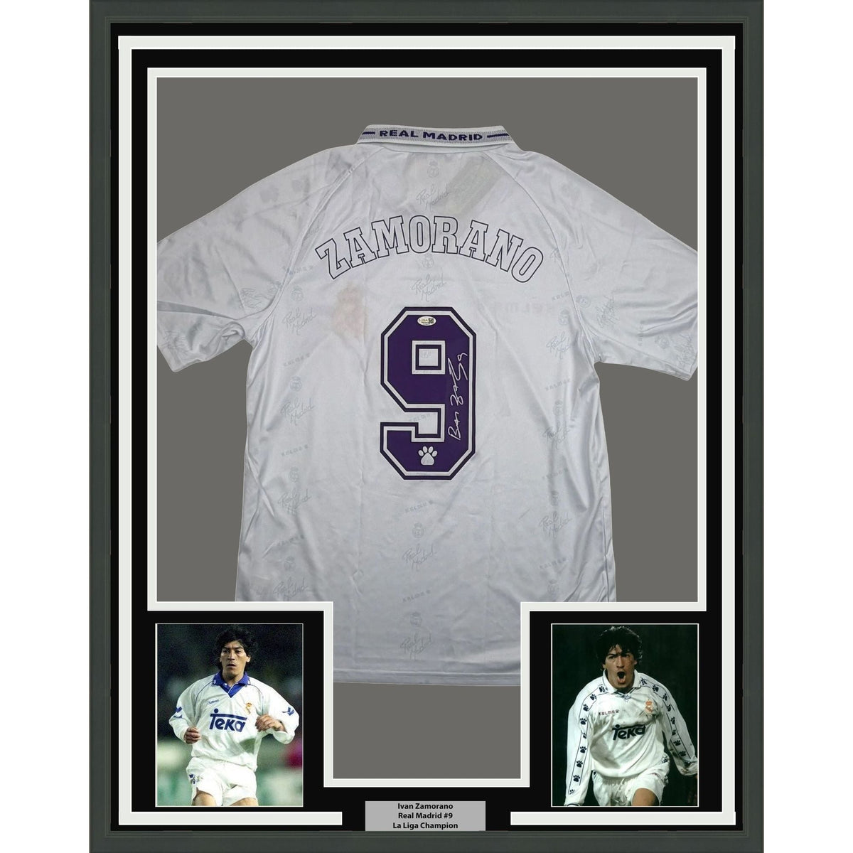 Framed Autographed/Signed Ivan Zamorano 35x39 Real Madrid White Soccer Futbol Jersey JSA COA