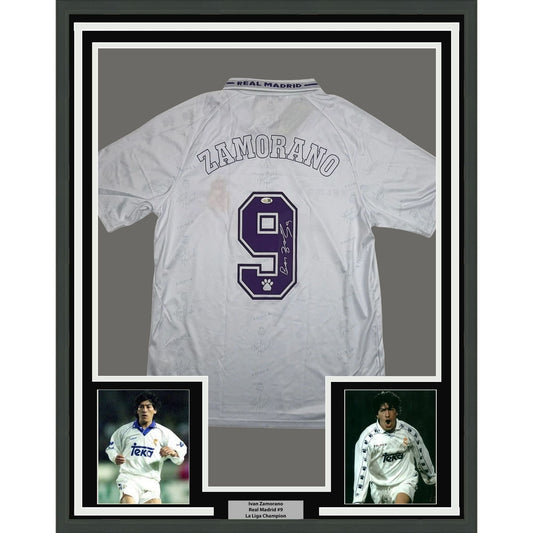 Framed Autographed/Signed Ivan Zamorano 35x39 Real Madrid White Soccer Futbol Jersey JSA COA