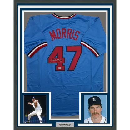 Framed Autographed/Signed Jack Morris 35x39 Minnesota Blue Baseball Jersey Beckett BAS COA