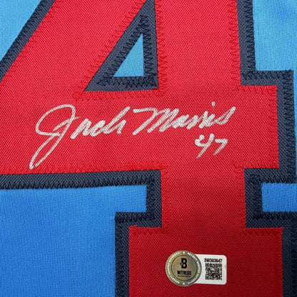 Framed Autographed/Signed Jack Morris 35x39 Minnesota Blue Baseball Jersey Beckett BAS COA
