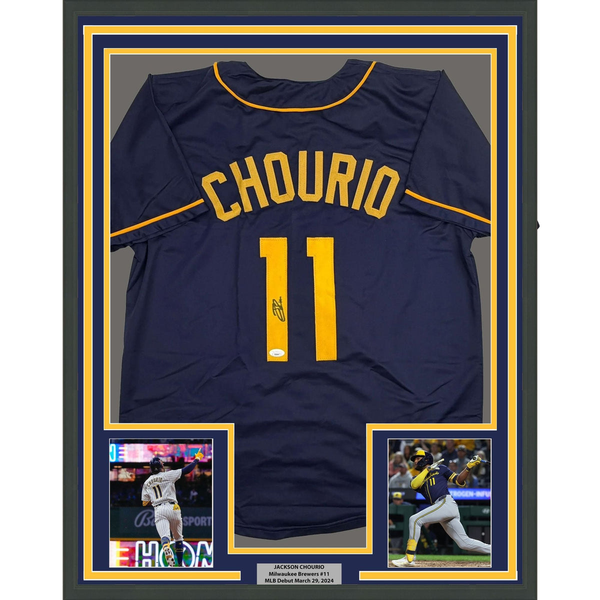 Framed Autographed/Signed Jackson Chourio 35x39 Milwaukee Navy Blue Baseball Jersey Beckett BAS COA