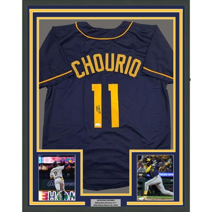 Framed Autographed/Signed Jackson Chourio 35x39 Milwaukee Navy Blue Baseball Jersey Beckett BAS COA