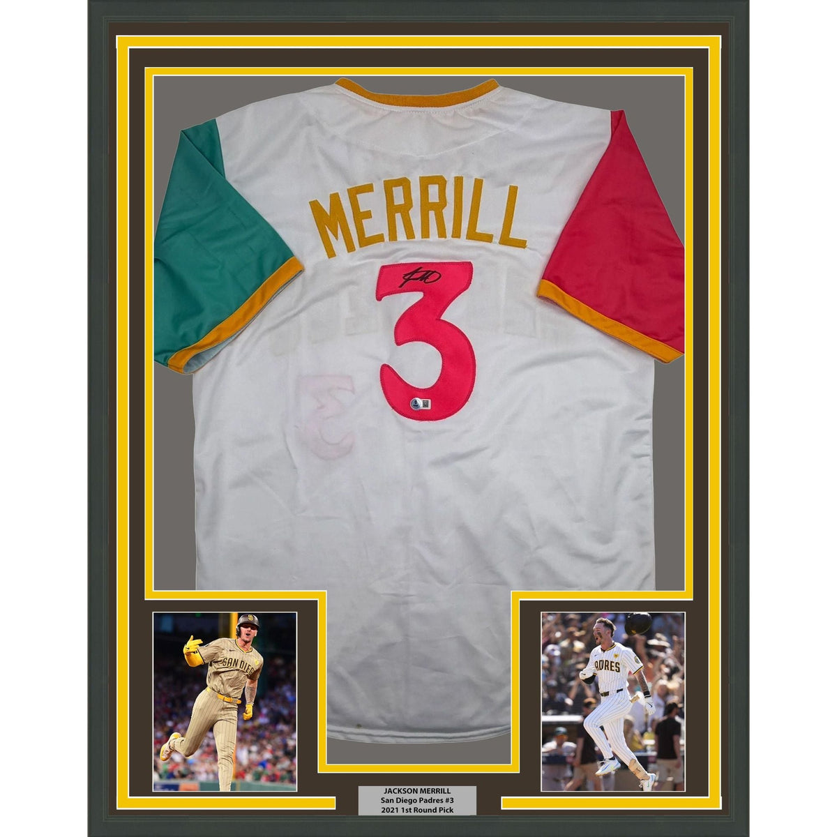 Framed Autographed/Signed Jackson Merrill 35x39 San Diego White City Connect Baseball Jersey Beckett BAS COA