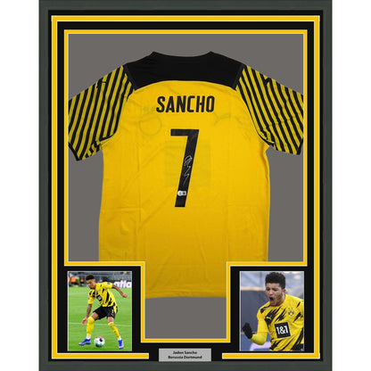 Framed Autographed/Signed Jadon Sancho 35x39 Borussia Dortmund Yellow Soccer Futbol Jersey Beckett BAS COA