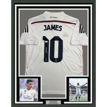 Framed Autographed/Signed James Rodriguez 35x39 Real Madrid White Soccer Futbol Jersey Beckett BAS COA