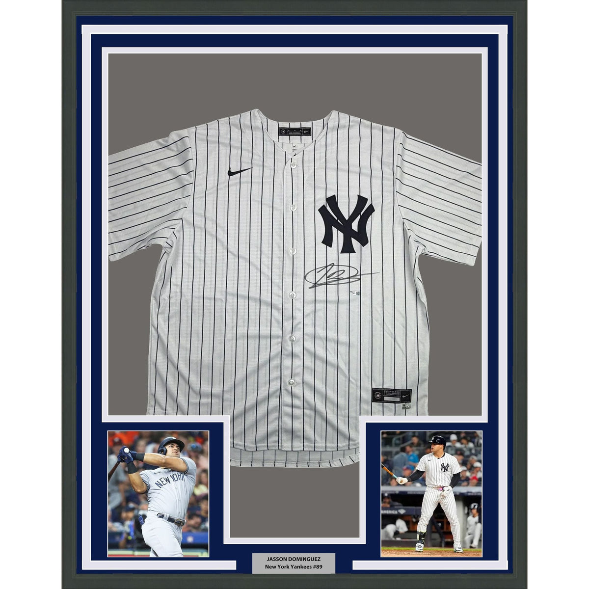 Framed Autographed/Signed Jasson Dominguez 35x39 New York Yankees Pinstripe Authentic Baseball Jersey Fanatics & MLB COA