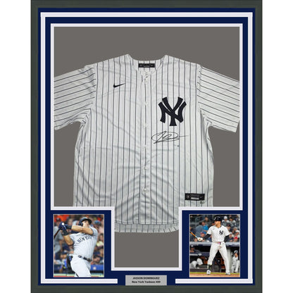 Framed Autographed/Signed Jasson Dominguez 35x39 New York Yankees Pinstripe Authentic Baseball Jersey Fanatics & MLB COA