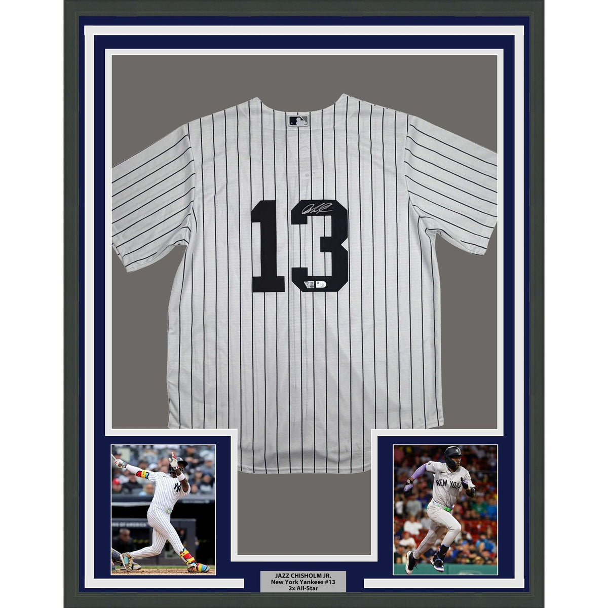 Framed Autographed/Signed Jazz Chisholm Jr. 35x39 New York Yankees Authentic Pinstripe Baseball Jersey Fanatics & MLB COA