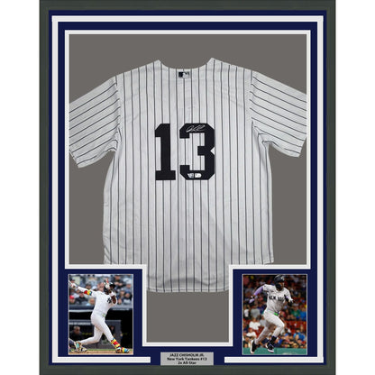Framed Autographed/Signed Jazz Chisholm Jr. 35x39 New York Yankees Authentic Pinstripe Baseball Jersey Fanatics & MLB COA
