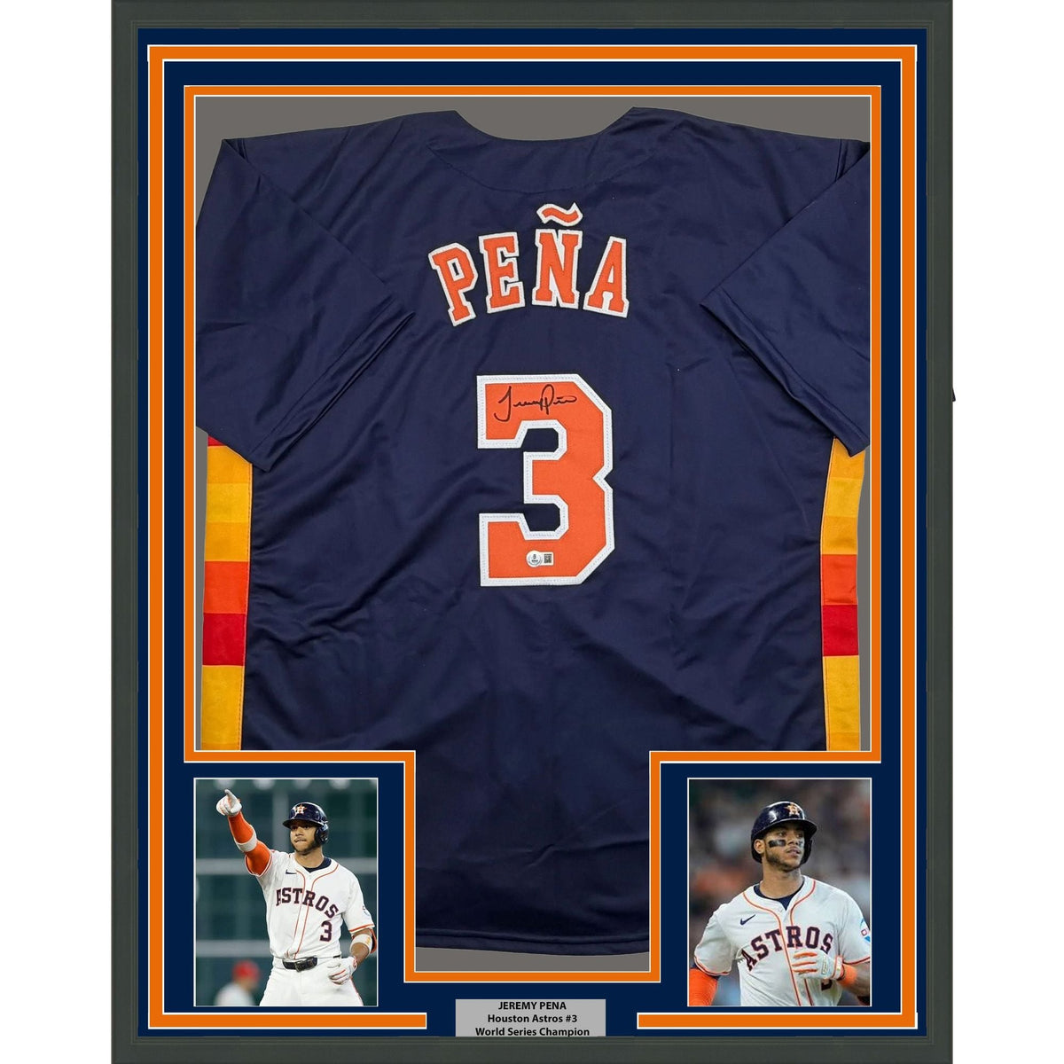 Framed Autographed/Signed Jeremy Pena 35x39 Houston Blue Baseball Jersey Beckett BAS COA