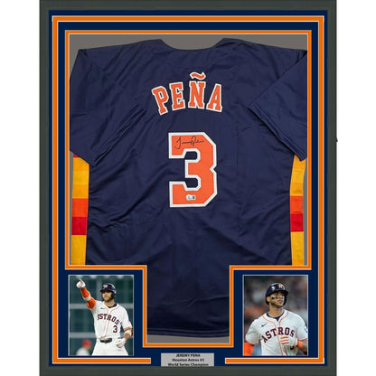 Framed Autographed/Signed Jeremy Pena 35x39 Houston Blue Baseball Jersey Beckett BAS COA