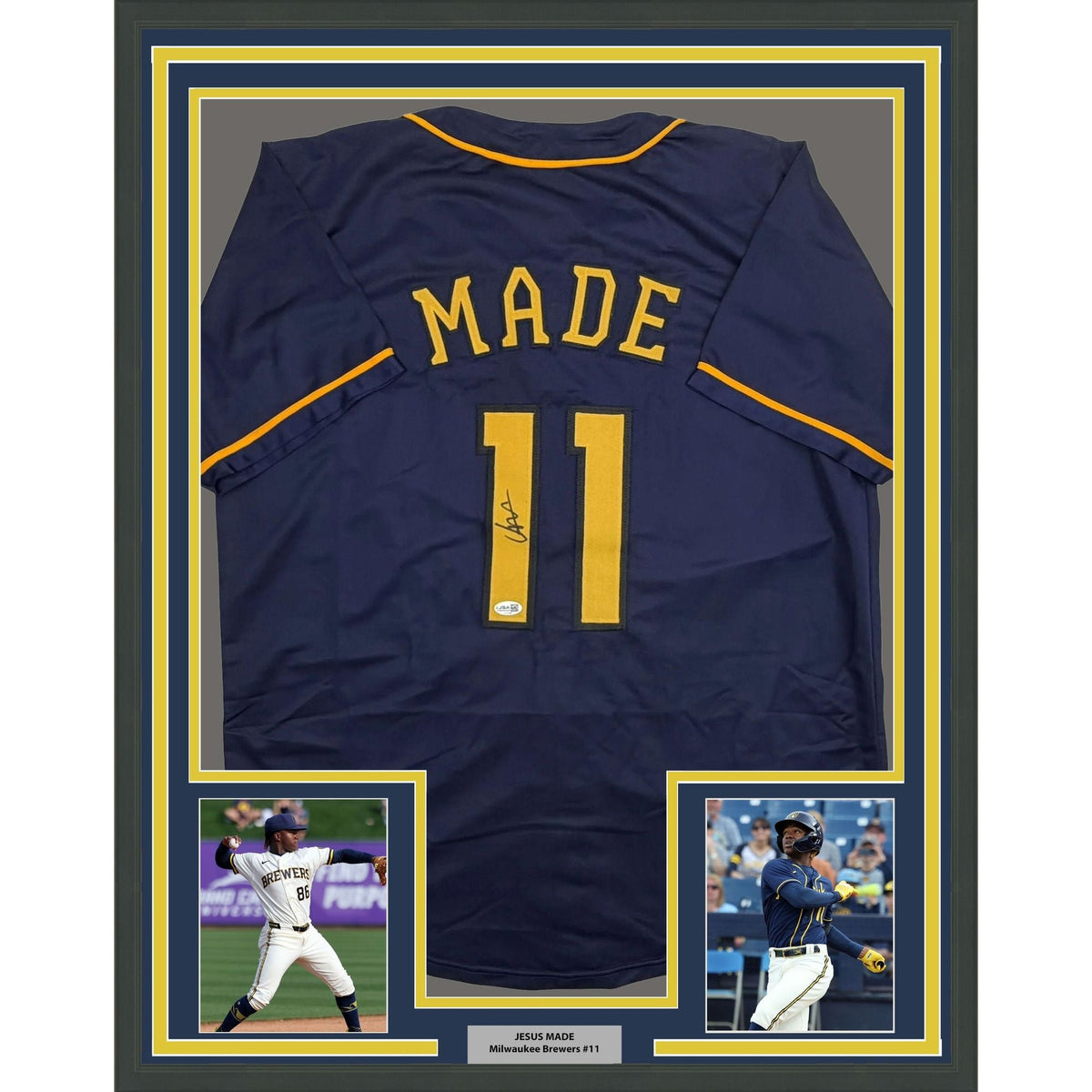 Framed Autographed/Signed Jesus Made 35x39 Milwaukee Navy Blue Baseball Jersey JSA COA