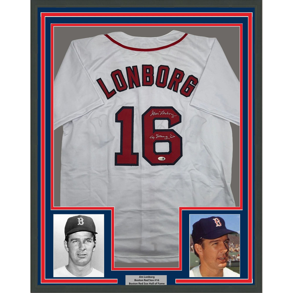 Framed Autographed/Signed Jim Lonborg Cy Young 67 35x39 Boston White Baseball Jersey JSA COA