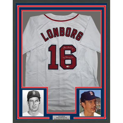 Framed Autographed/Signed Jim Lonborg Cy Young 67 35x39 Boston White Baseball Jersey JSA COA