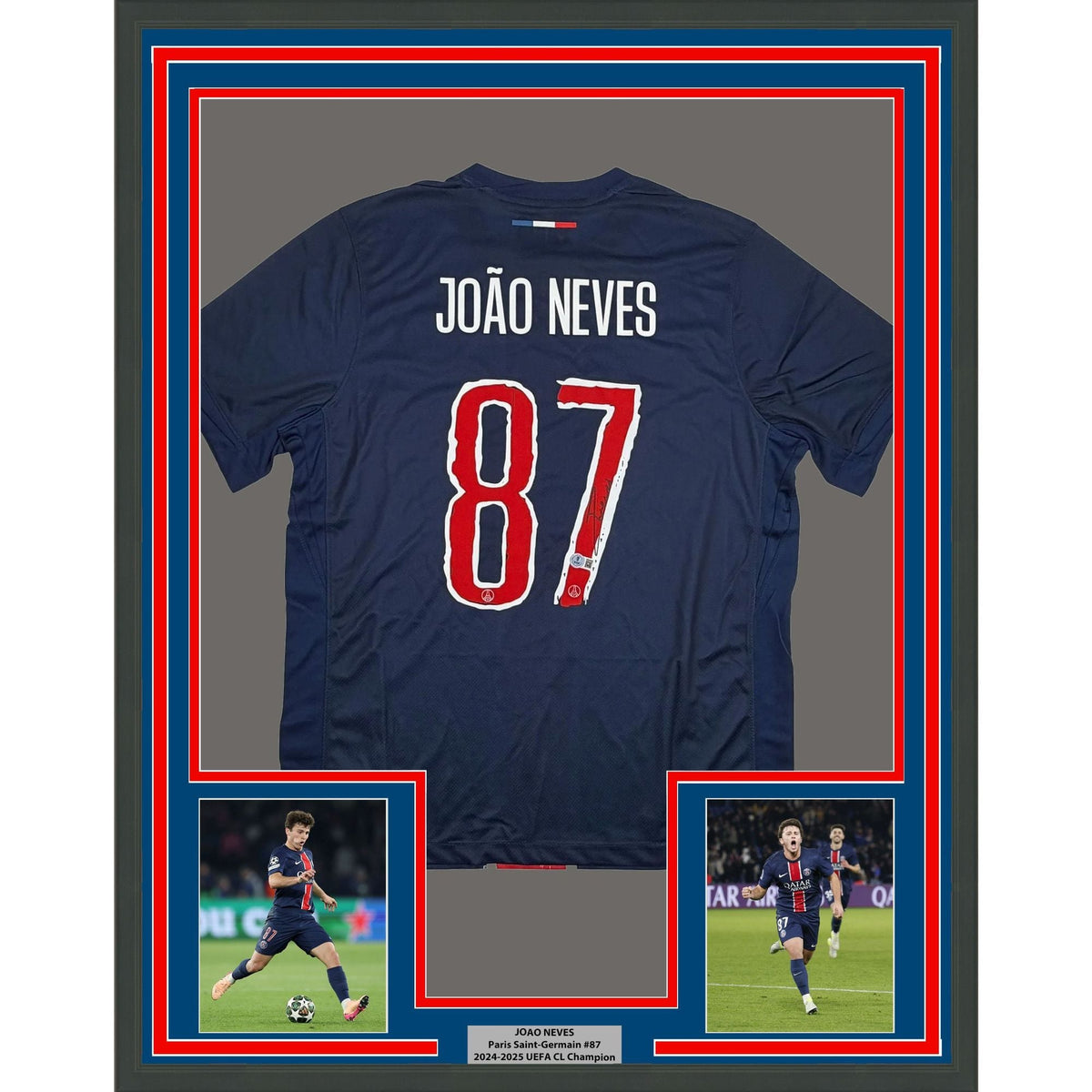 Framed Autographed/Signed Joao Neves 35x39 PSG Paris Saint Germain Blue Soccer Futbol Jersey Beckett BAS COA #2
