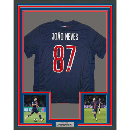 Framed Autographed/Signed Joao Neves 35x39 PSG Paris Saint Germain Blue Soccer Futbol Jersey Beckett BAS COA #2