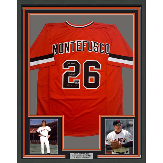 Framed Autographed/Signed John Montefusco 1975 NL ROY 35x39 San Francisco Orange Baseball Jersey Beckett BAS COA