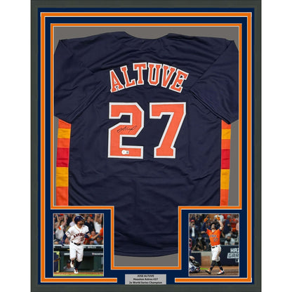 Framed Autographed/Signed Jose Altuve 35x39 Houston Blue Baseball Jersey Beckett BAS COA