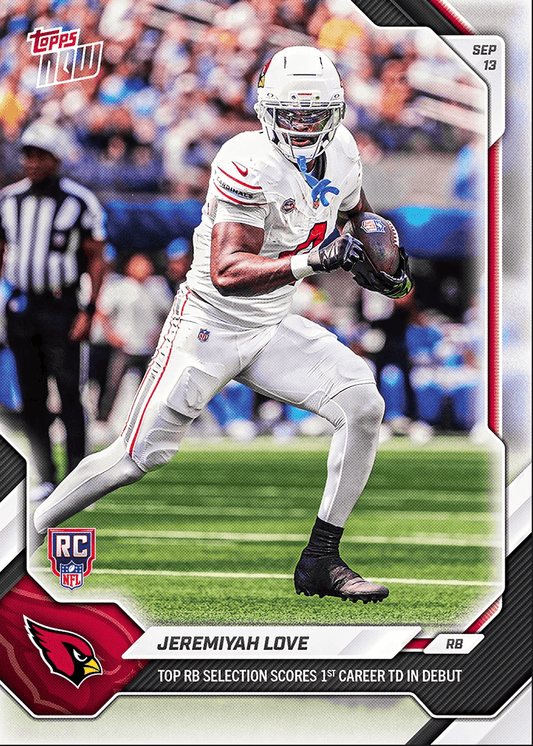2026 Topps Now Jeremiyah Love #15 Top RB Selection Scores 1st Career TD in Debut Arizona Cardinals Rookie RC Football Card