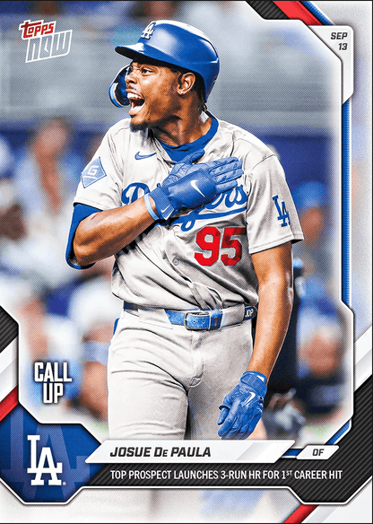 2026 Topps Now Josue De Paula #668 Top Prospect Launches 3 Run HR for 1st Career Hit Los Angeles Dodgers Rookie RC Baseball Card