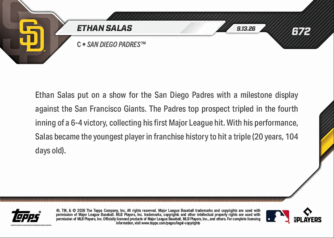 2026 Topps Now Ethan Salas #672 Triple for 1st Career Hit Makes Padres History San Diego Padres Rookie RC Baseball Card