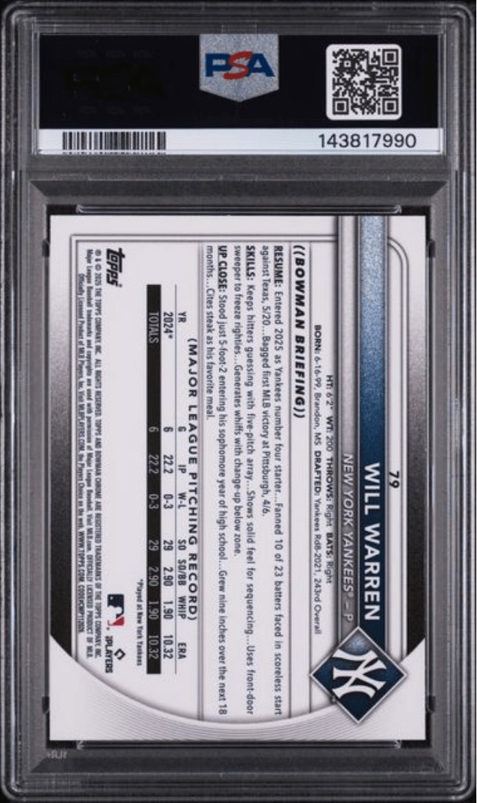 Graded 2025 Topps Bowman Chrome Sapphire Edition Will Warren #79 Rookie RC Baseball Card PSA 10 Gem Mint