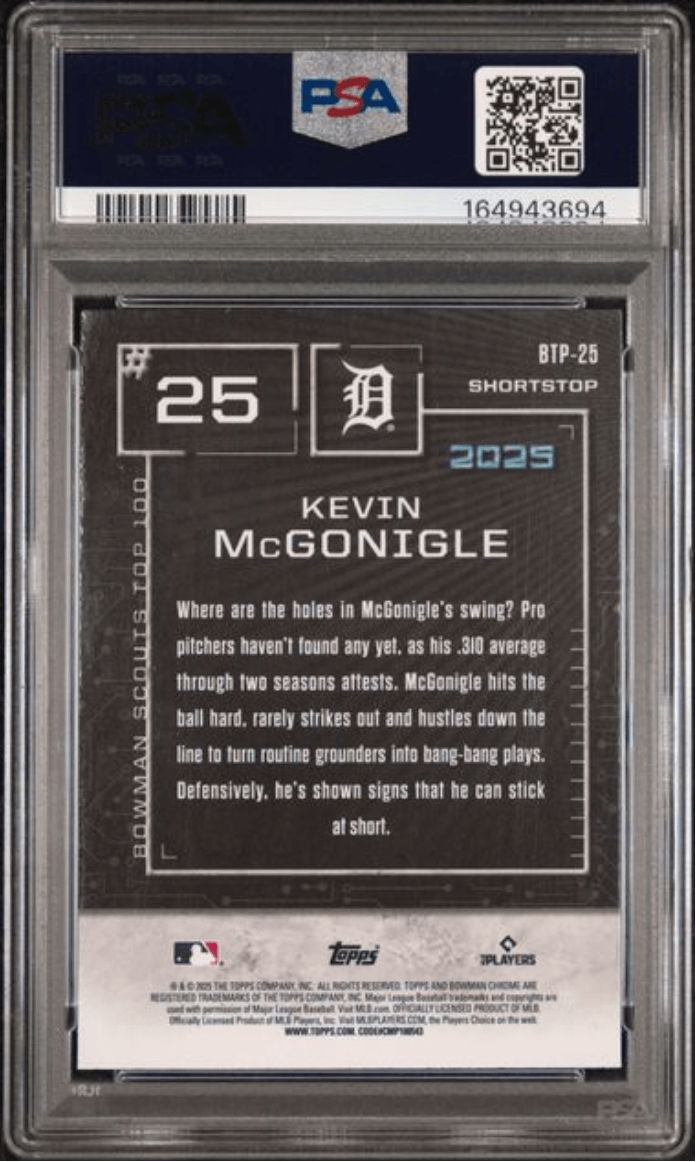 Graded 2025 Topps Bowmans Kevin McGonigle #BTP25 Scouts Top 100 Rookie RC Baseball Card PSA 10 Gem Mint