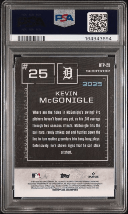 Graded 2025 Topps Bowmans Kevin McGonigle #BTP25 Scouts Top 100 Rookie RC Baseball Card PSA 10 Gem Mint