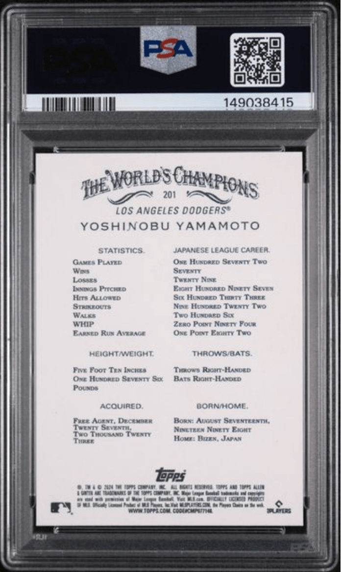 Graded 2024 Topps Allen & Ginter Yoshinobu Yamamoto #201 Rookie RC Baseball Card PSA 10 Gem Mint