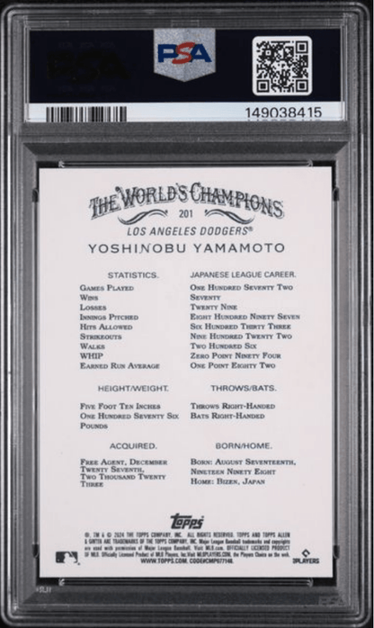Graded 2024 Topps Allen & Ginter Yoshinobu Yamamoto #201 Rookie RC Baseball Card PSA 10 Gem Mint