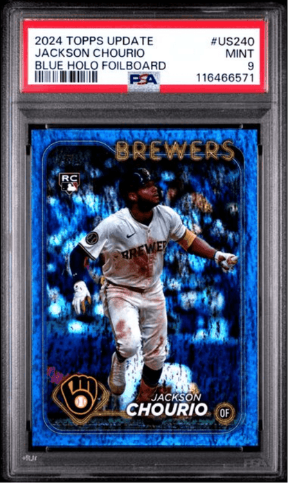 Graded 2024 Topps Update Jackson Chourio #US240 Blue Holo Foilboard /999 Rookie RC Baseball Card PSA 9 Mint