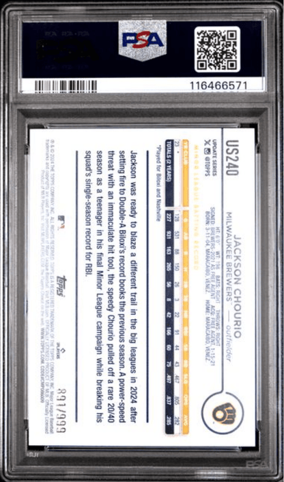 Graded 2024 Topps Update Jackson Chourio #US240 Blue Holo Foilboard /999 Rookie RC Baseball Card PSA 9 Mint