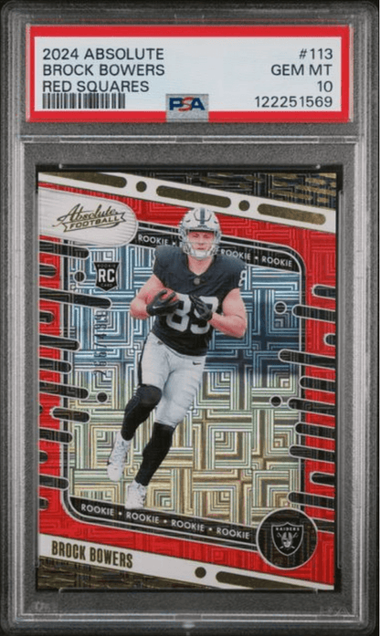 Graded 2024 Panini Absolute Brock Bowers #113 Red Squares Rookie RC Football Card PSA 10 Gem Mint