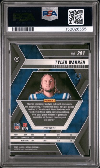Graded 2025 Panini Mosaic Tyler Warren #281 Reactive Purple Rookie RC Football Card PSA 10 Gem Mint