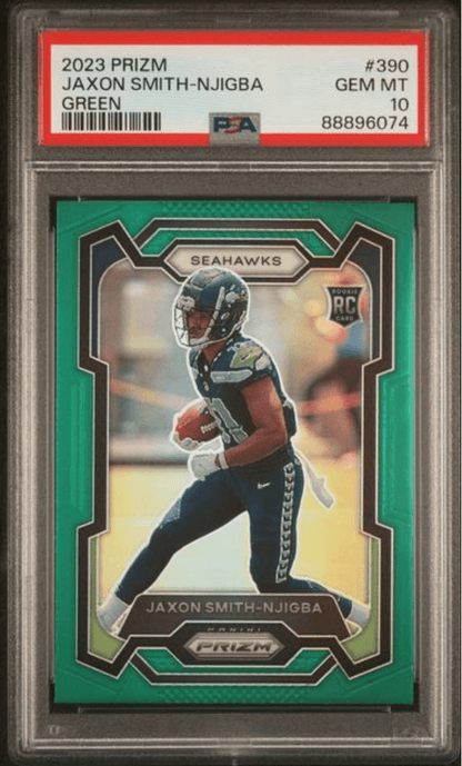 Graded 2023 Panini Prizm Jaxon Smith-Njigba #390 Green Rookie RC Football Card PSA 10 Gem Mint