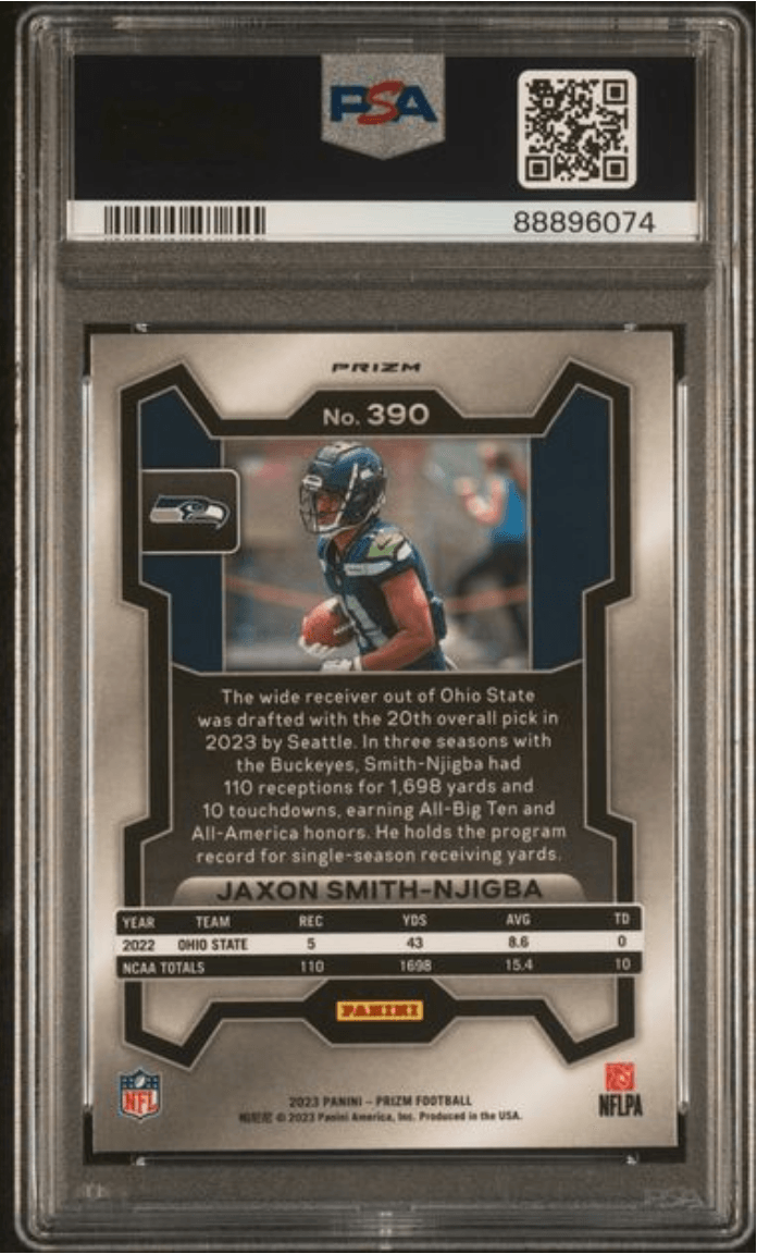 Graded 2023 Panini Prizm Jaxon Smith-Njigba #390 Green Rookie RC Football Card PSA 10 Gem Mint