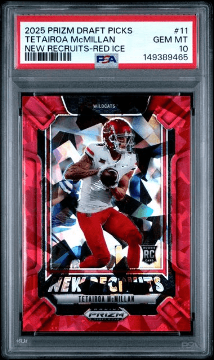 Graded 2025 Panini Prizm Draft Picks Tetairoa McMillan #11 New Recruits Red Ice Rookie RC Football Card PSA 10 Gem Mint