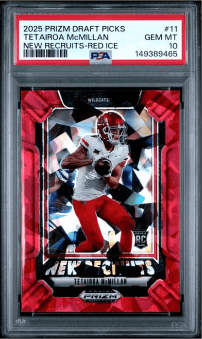 Graded 2025 Panini Prizm Draft Picks Tetairoa McMillan #11 New Recruits Red Ice Rookie RC Football Card PSA 10 Gem Mint
