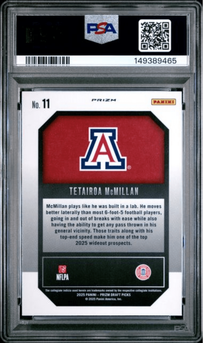 Graded 2025 Panini Prizm Draft Picks Tetairoa McMillan #11 New Recruits Red Ice Rookie RC Football Card PSA 10 Gem Mint