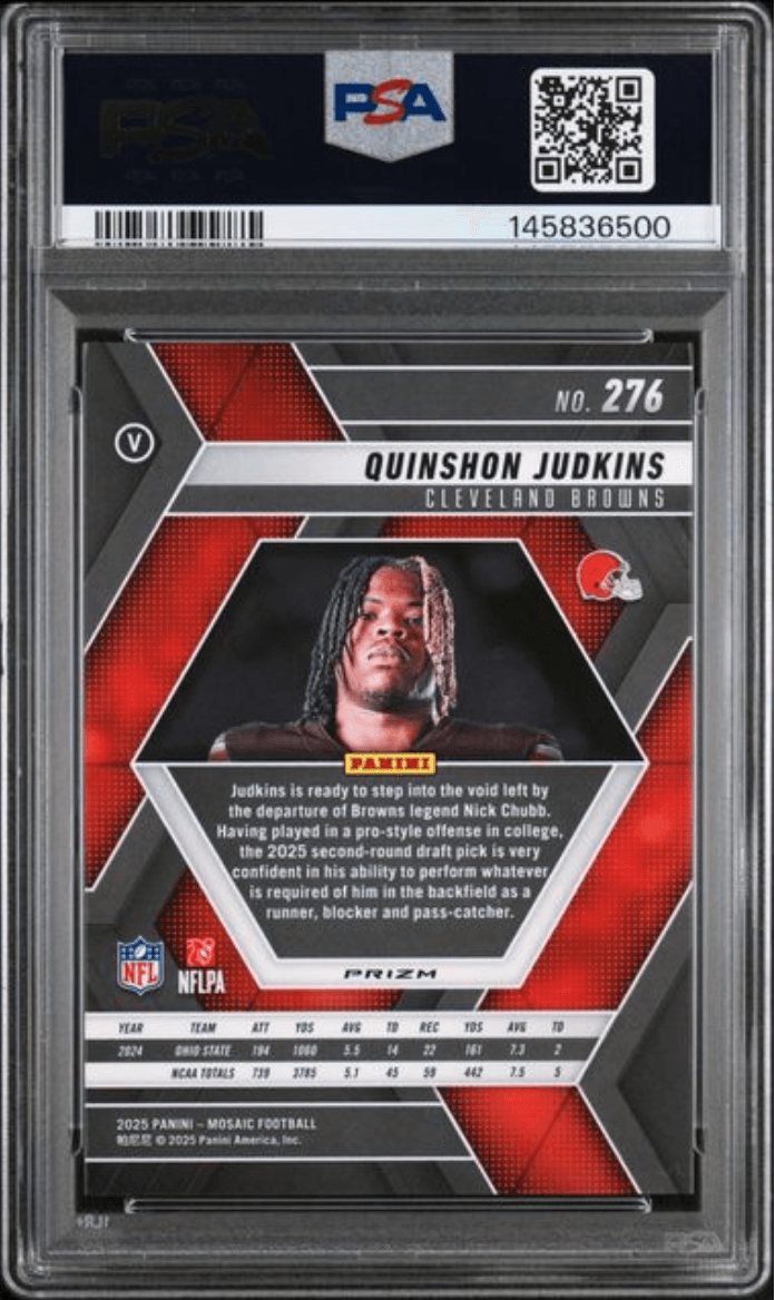 Graded 2025 Panini Mosaic Quinshon Judkins #271 Reactive Blue Rookie RC Football Card PSA 10 Gem Mint