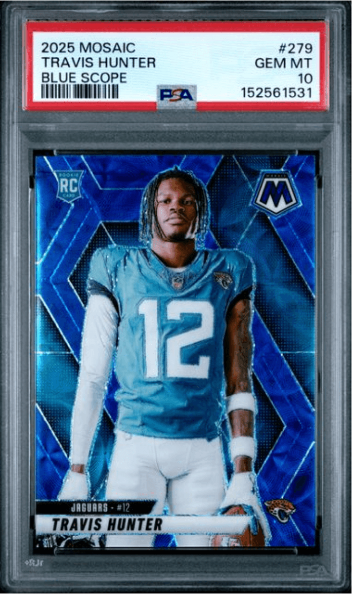 Graded 2025 Panini Mosaic Travis Hunter #279 Blue Scope Rookie RC Football Card PSA 10 Gem Mint