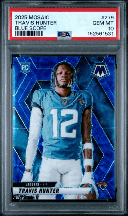 Graded 2025 Panini Mosaic Travis Hunter #279 Blue Scope Rookie RC Football Card PSA 10 Gem Mint