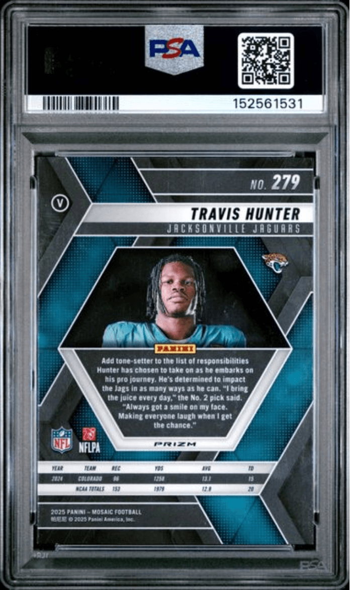 Graded 2025 Panini Mosaic Travis Hunter #279 Blue Scope Rookie RC Football Card PSA 10 Gem Mint