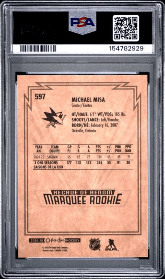 Graded 2025 Upper Deck O-Pee-Chee Michael Misa #597 Retro Rookie RC Hockey Card PSA 10 Gem Mint