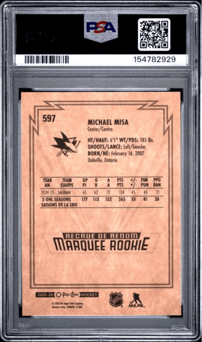 Graded 2025 Upper Deck O-Pee-Chee Michael Misa #597 Retro Rookie RC Hockey Card PSA 10 Gem Mint