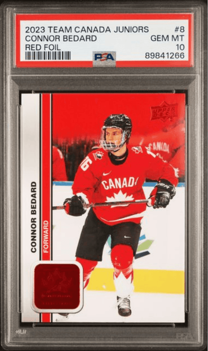 Graded 2023 Upper Deck Team Canada Juniors Connor Bedard #8 Red Foil Rookie RC Hockey Card PSA 10 Gem Mint