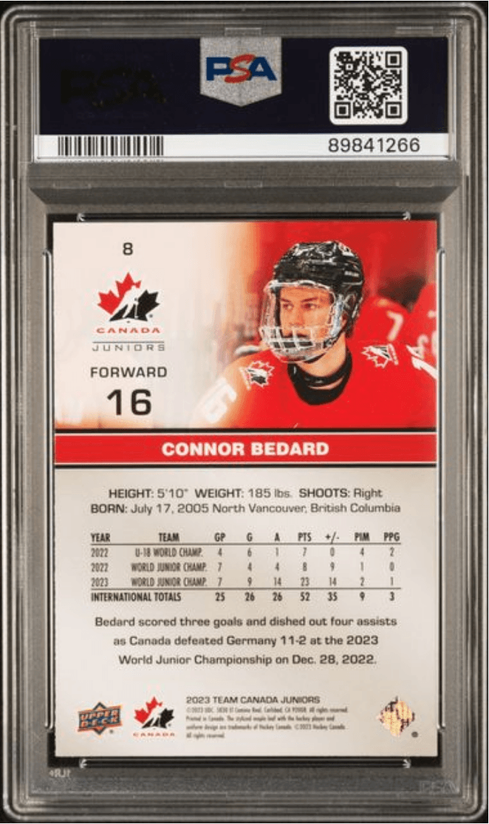 Graded 2023 Upper Deck Team Canada Juniors Connor Bedard #8 Red Foil Rookie RC Hockey Card PSA 10 Gem Mint